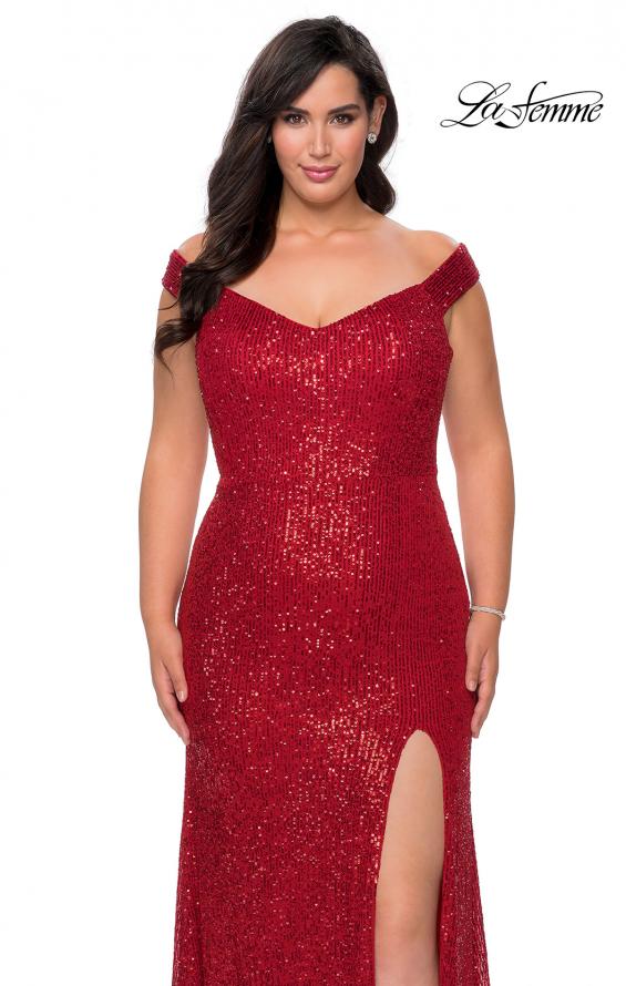 Picture of: Sequin Plus Size Dress with Off the Shoulder Detail in Red, Style: 29023, Detail Picture 1
