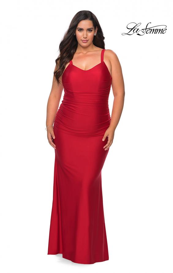 Picture of: Long Ruched Plus Size Jersey Prom Dress in Red, Style: 29005, Detail Picture 6