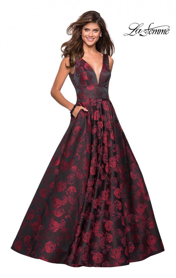 Picture of: Floral A Line Ball Gown with V Back and Pockets in Red, Style: 27298, Main Picture