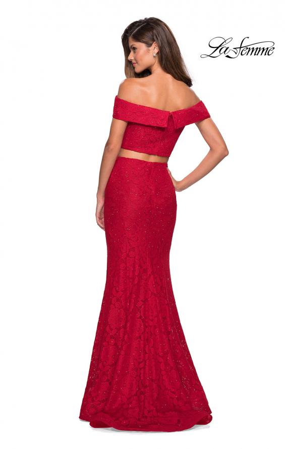 Picture of: Lace Two Piece Off the Shoulder Dress with Rhinestones in Red, Style: 27443, Back Picture