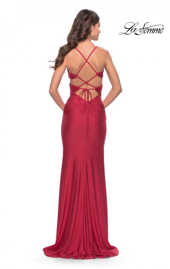 Picture of: Criss Cross Cut Out Rhinestone Jersey Dress in Red, Style: 31399, Back Picture