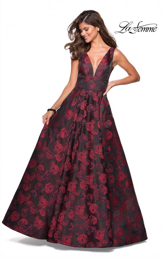 Picture of: Floral A Line Ball Gown with V Back and Pockets in Red, Style: 27298, Detail Picture 1