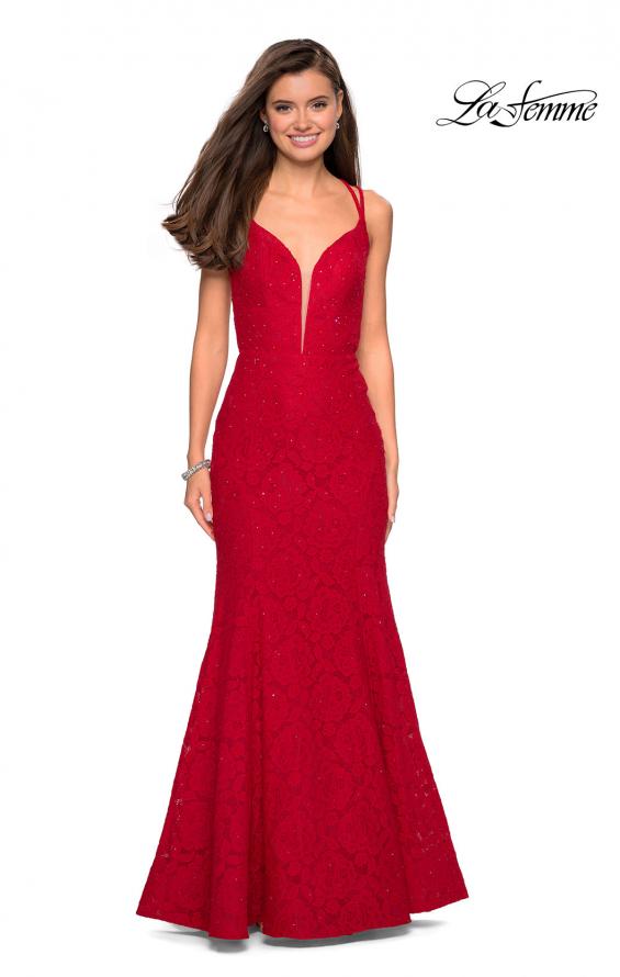 Picture of: Mermaid Style Lace Dress with Strappy Open Back in Red, Style: 27560, Detail Picture 1