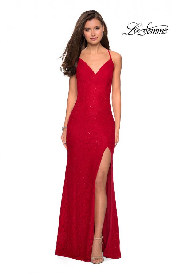 Picture of: Form Fitting Lace Dress with V Neckline and Slit in Red, Style: 27614, Detail Picture 1
