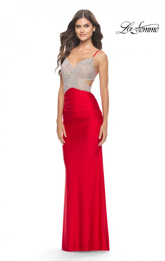 Picture of: Ruched Gown with Rhinestone Bodice and Side Cut Outs in Red, Style: 31606, Detail Picture 1