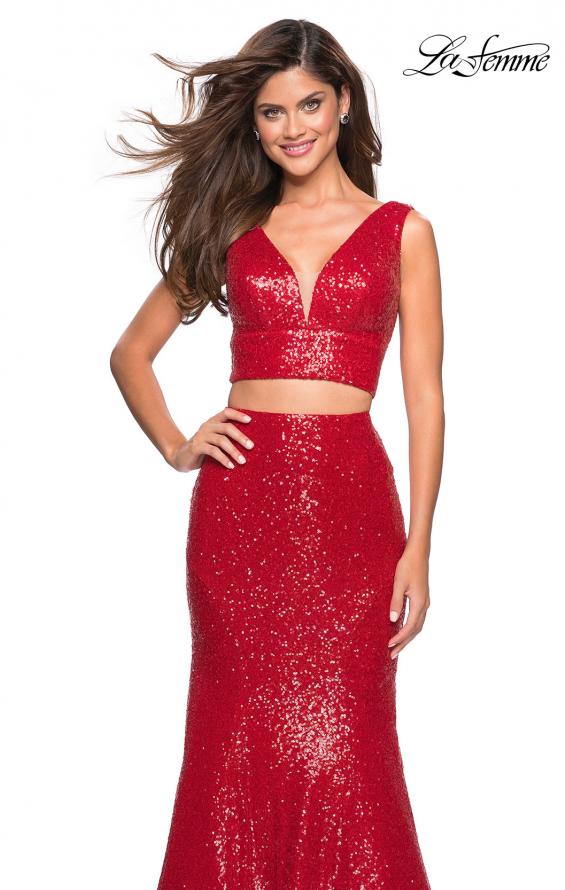 Picture of: Fully sequin Two Piece Floor Length Prom Gown in Red, Style: 27590, Detail Picture 2