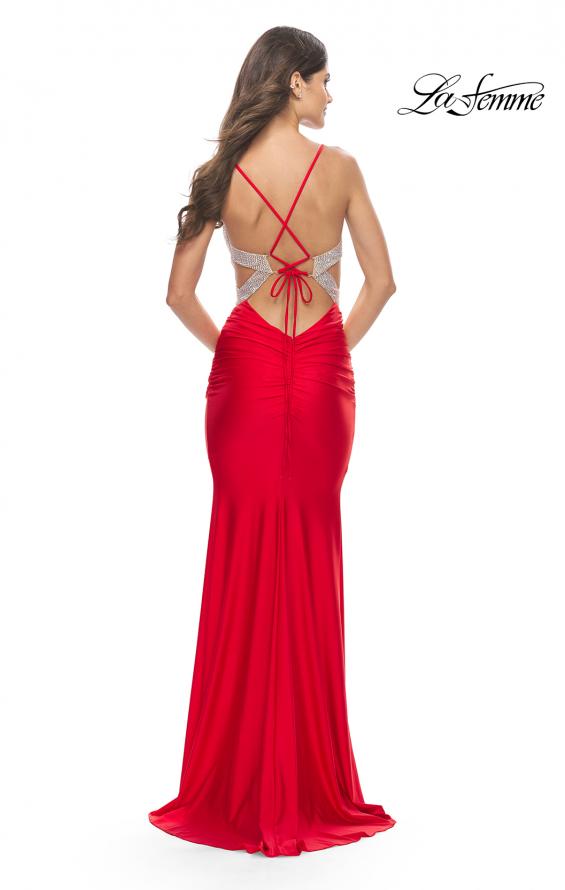 Picture of: Ruched Gown with Rhinestone Bodice and Side Cut Outs in Red, Style: 31606, Detail Picture 2