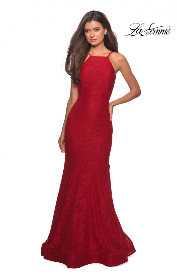 Picture of: Long Lace Prom Dress with High Neckline in Red, Style: 27289, Detail Picture 9