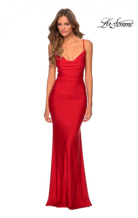 Picture of: Long Jersey Dress with Draped V-Neckline and Ruching in Red, Style: 28984, Detail Picture 4