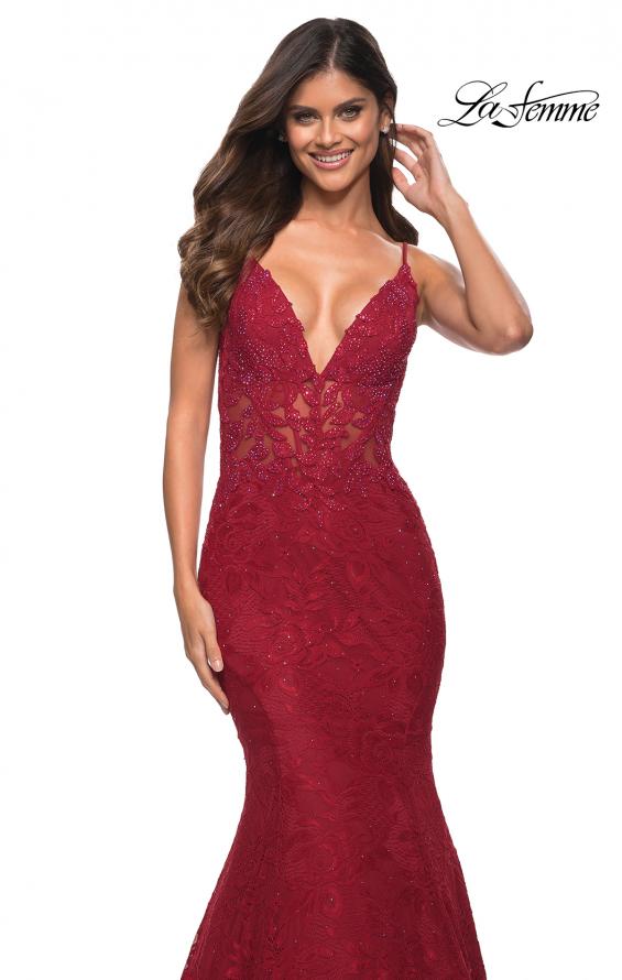 Picture of: Mermaid Lace Prom Dress with Sheer Jeweled Bodice in Red, Detail Picture 5