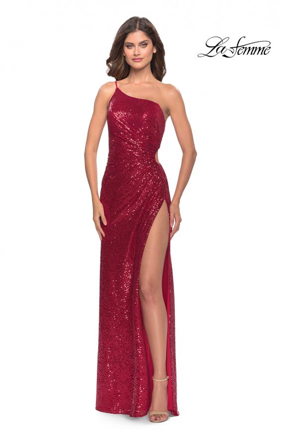 Picture of: One Shoulder Sequin Dress with Circle Cut Out in Red, Style: 31089, Detail Picture 5