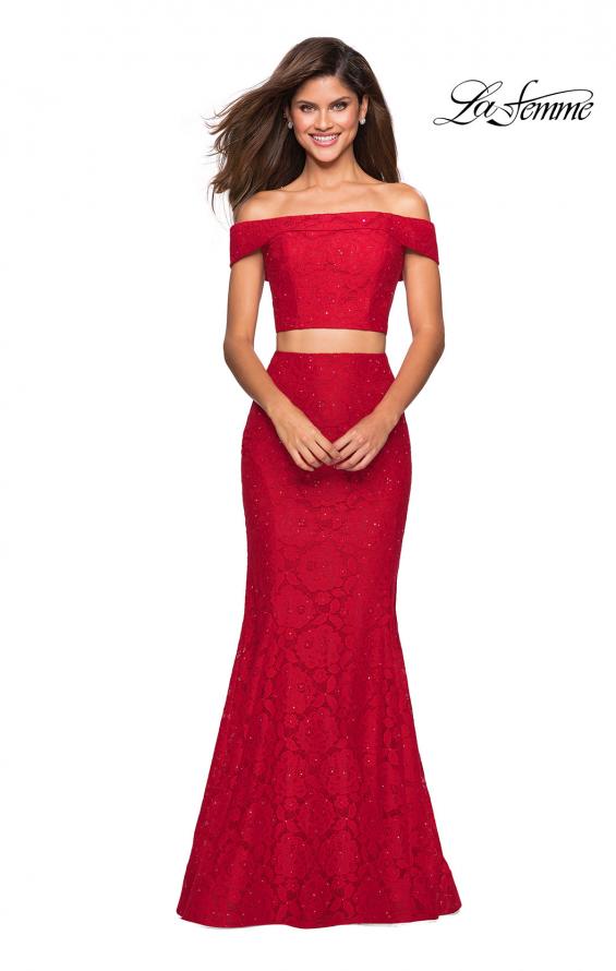 Picture of: Lace Two Piece Off the Shoulder Dress with Rhinestones in Red, Style: 27443, Detail Picture 6