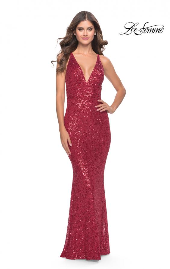 Picture of: Sequin Stretch Long Prom Dress with Banded Waist in Red, Style: 31409, Detail Picture 6