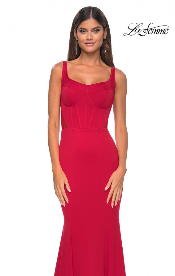 Picture of: Mermaid Jersey Gown with Bustier Top and Lace Up Back in Red, Style: 32268, Detail Picture 6