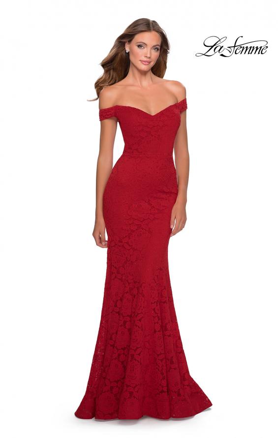Picture of: Long Off the Shoulder Prom Dress with Lace Up Back in Red, Style: 28545, Detail Picture 7