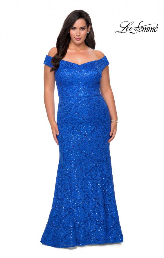Picture of: Off the Shoulder Lace Plus Dress with Defined Waist in Royal Blue, Style: 28883, Detail Picture 3