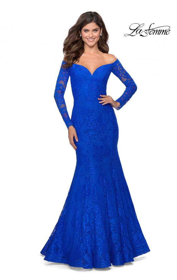 Picture of: Off the Shoulder Lace Long Sleeve Prom Dress in Royal Blue, Style: 28569, Main Picture