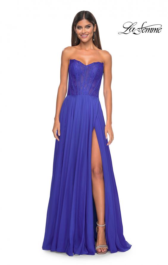 Picture of: Strapless Chiffon Prom Gown with Lace Illusion Bodice in Royal Blue, Style: 32311, Detail Picture 9