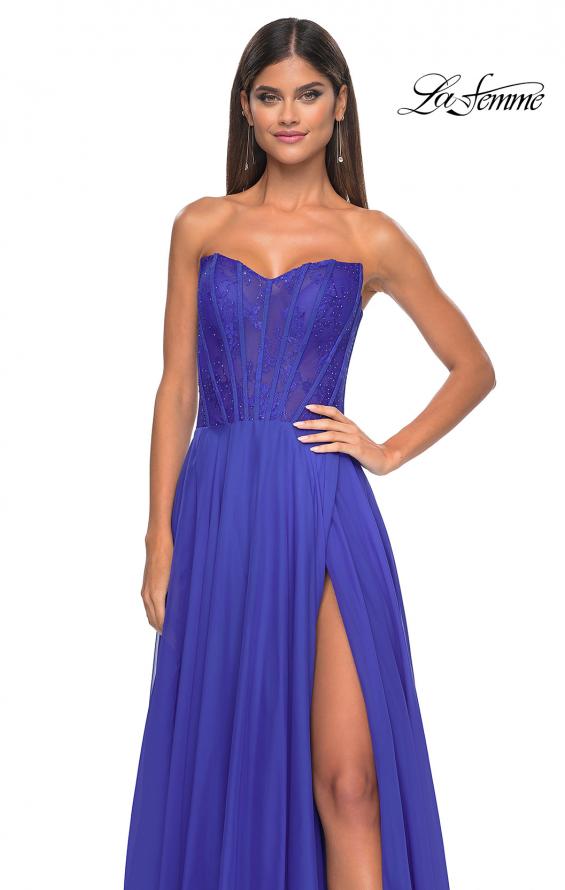 Picture of: Strapless Chiffon Prom Gown with Lace Illusion Bodice in Royal Blue, Style: 32311, Detail Picture 11