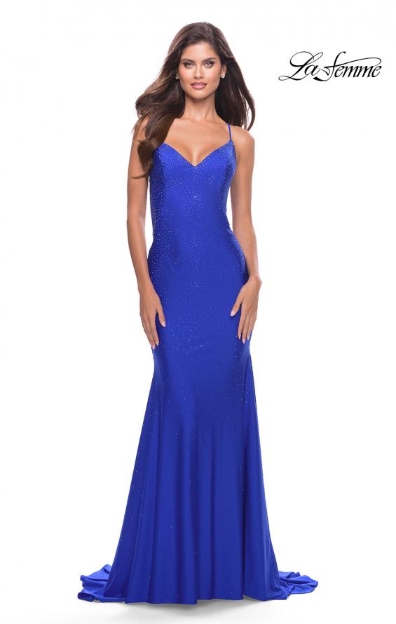 Picture of: Dramatic Rhinestone Dress with Sheer Details and Train in Royal Blue, Style: 31279, Back Picture