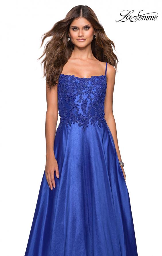 Picture of: Long Mikado Gown with Lace Bust and Open Back in Royal Blue, Style: 27222, Detail Picture 1