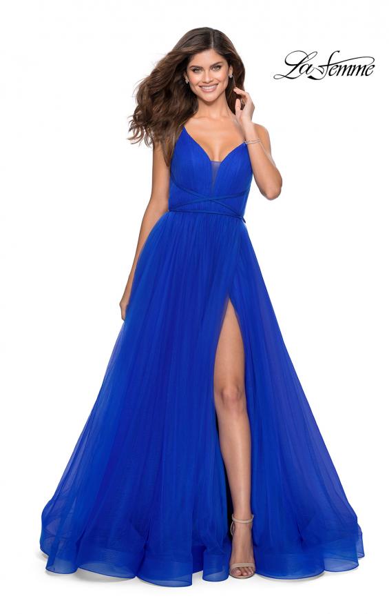 Picture of: Long Tulle Prom Dress with Criss Cross Bodice Detail in Royal Blue, Style: 28893, Detail Picture 1