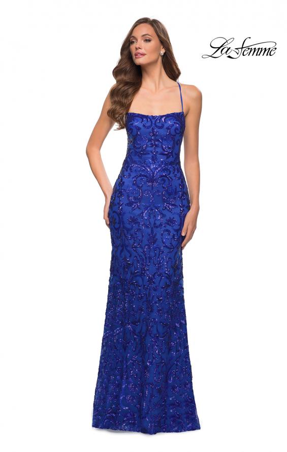 Picture of: Print Sequin Long Dress with Lace Up Back in Royal Blue, Style 29638, Detail Picture 2