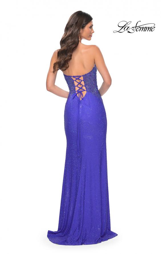Picture of: Strapless Rhinestone and Beaded Illusion Top Dress with Lace Up Back in Blue, Style: 32245, Detail Picture 2