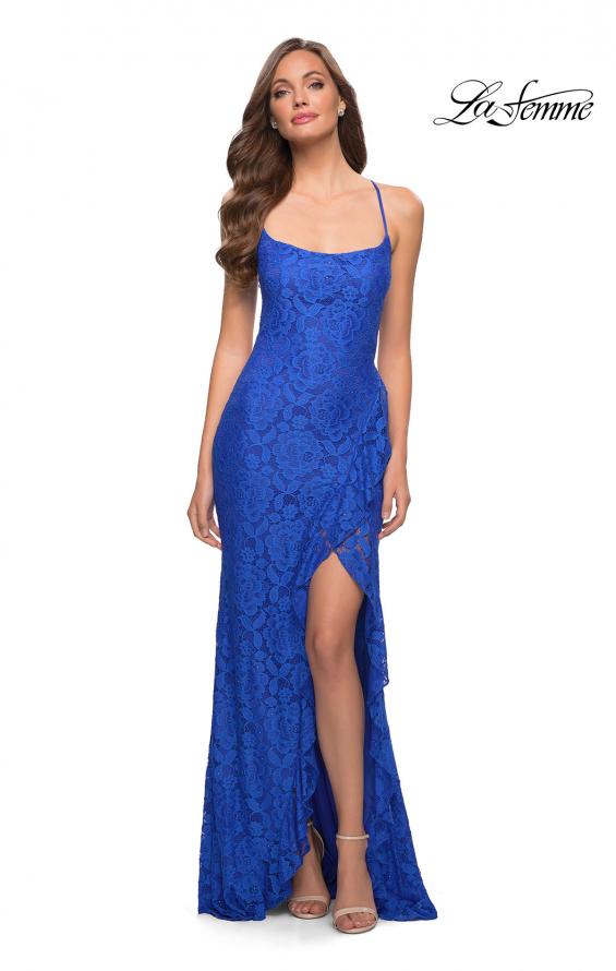 Picture of: Stretch Lace Dress with Ruffle Skirt Detail and Slit in Royal Blue, Style 29650, Detail Picture 3