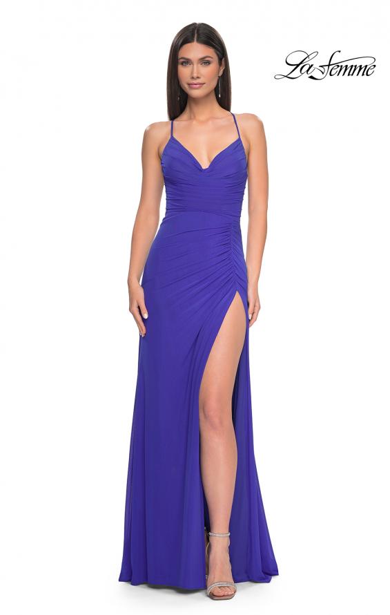 Picture of: Net Jersey Ruched Prom Dress with Illusion Bodice in Royal Blue, Style: 31151, Detail Picture 3