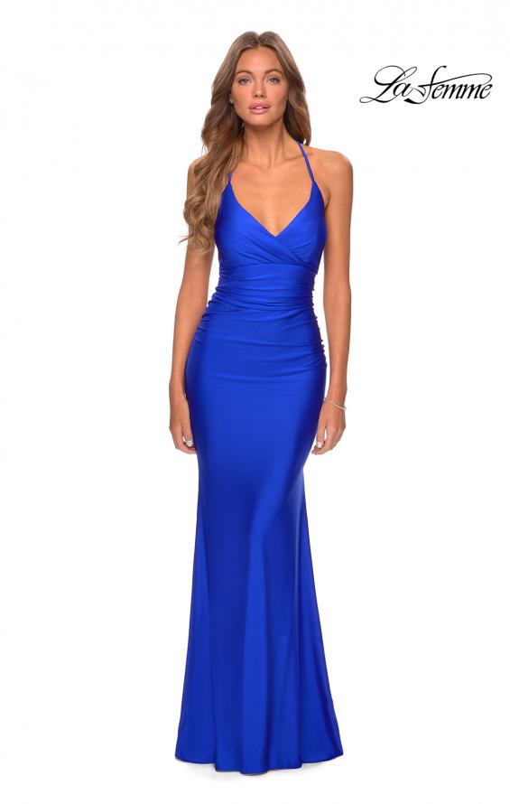 Picture of: Empire Waist Dress with Ruching and Lace Up Back in Royal Blue, Style: 28593, Detail Picture 4