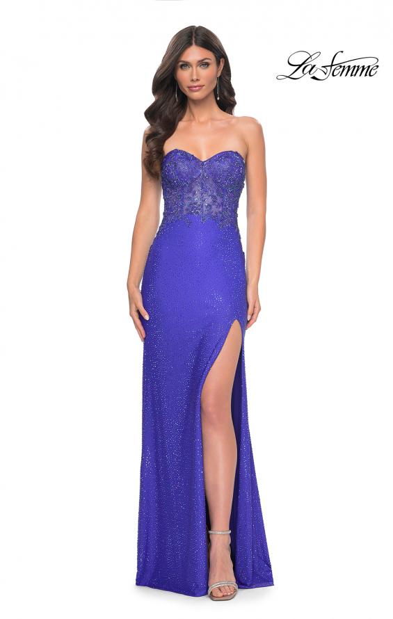 Picture of: Strapless Rhinestone and Beaded Illusion Top Dress with Lace Up Back in Blue, Style: 32245, Detail Picture 5
