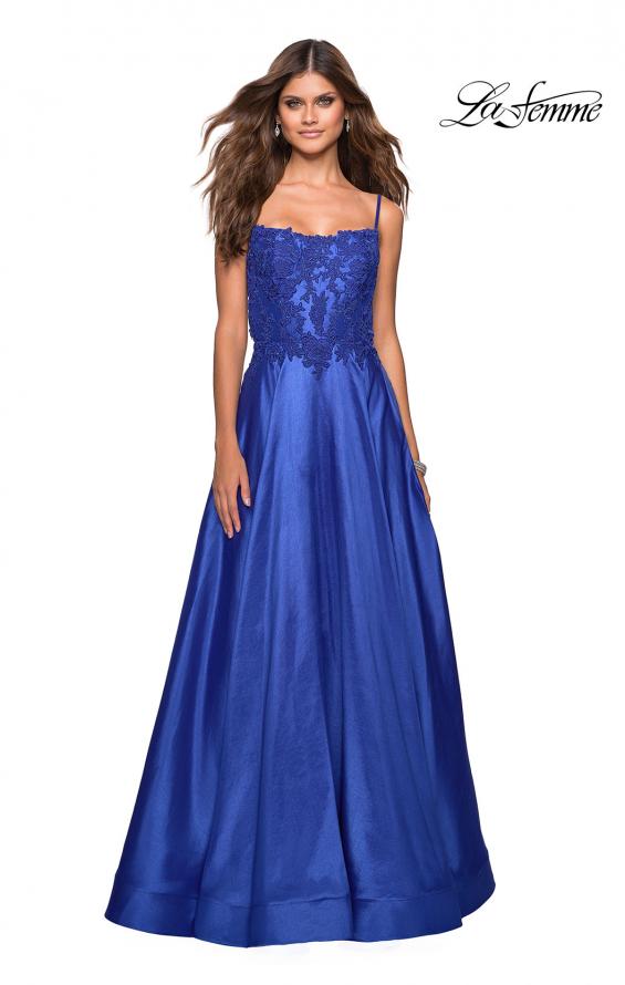 Picture of: Long Mikado Gown with Lace Bust and Open Back in Royal Blue, Style: 27222, Detail Picture 6