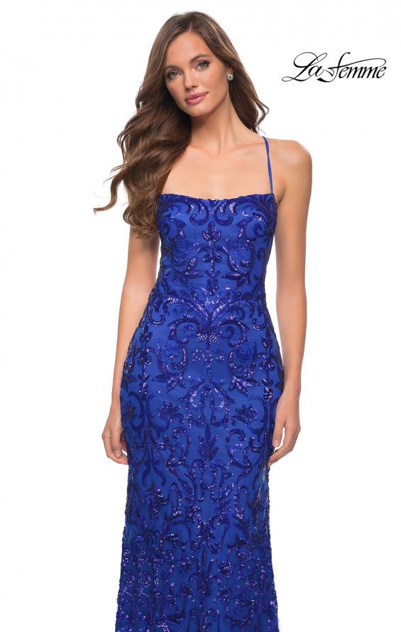 Picture of: Print Sequin Long Dress with Lace Up Back in Royal Blue, Style 29638, Detail Picture 6