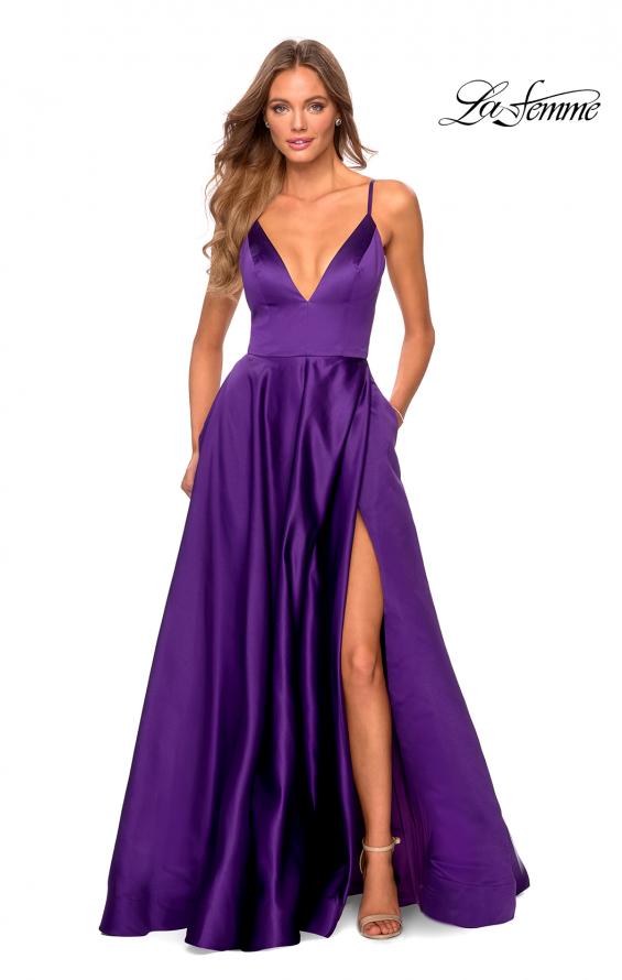 Picture of: V-Neck Satin Prom Dress with Lace Up Back in Royal Purple, Style: 28628, Detail Picture 8