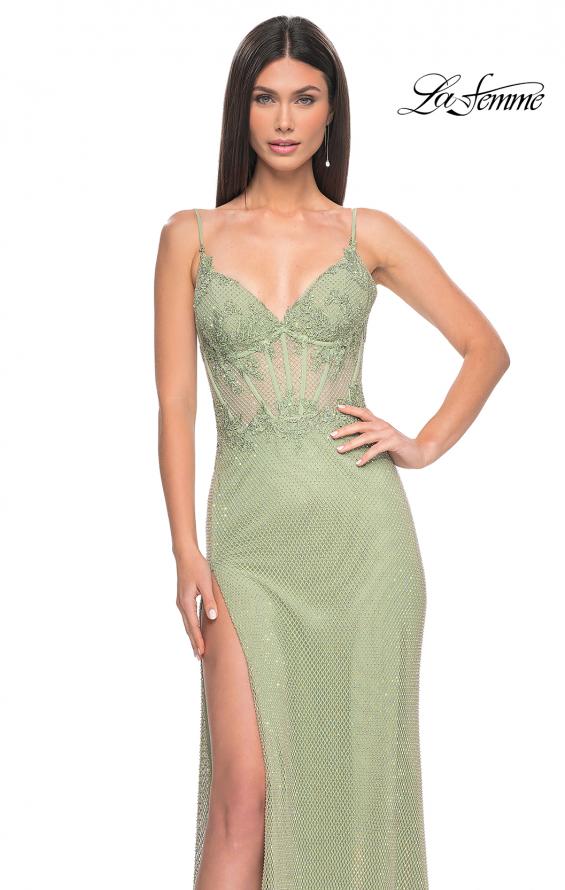Picture of: Stunning Rhinestone Fishnet Dress with Lace Detail Bodice in Sage, Style: 32236, Detail Picture 8