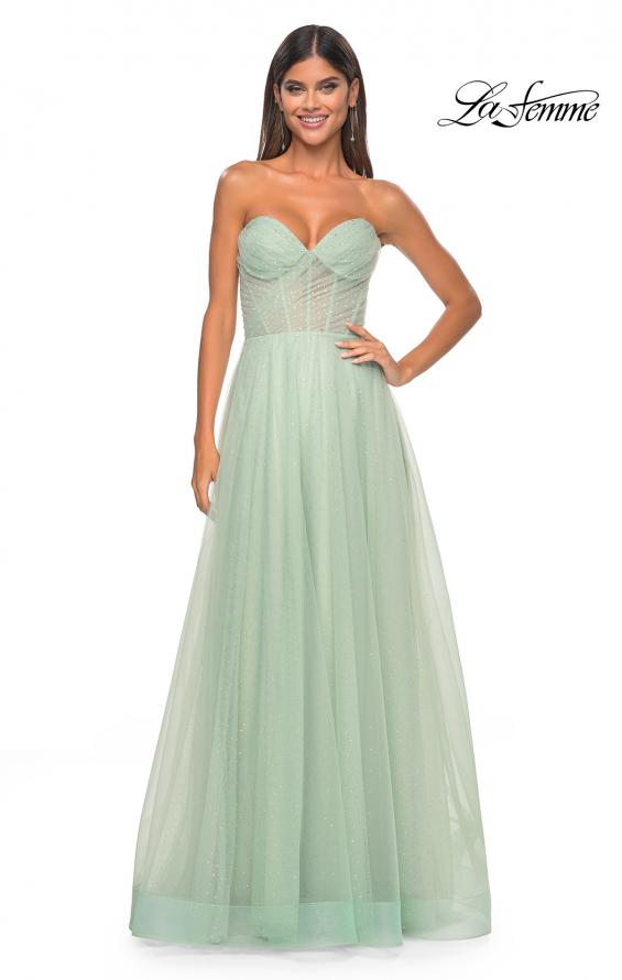 Picture of: Sweetheart Tulle and Rhinestone Prom Dress with Illusion Detail in Sage, Style: 31997, Detail Picture 14