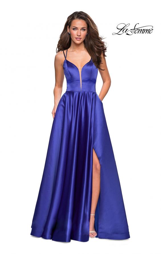 Picture of: Long Satin Formal Gown with Leg Slit and Strappy Back in Sapphire Blue, Style: 26994, Detail Picture 4
