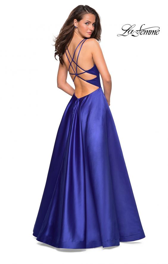 Picture of: Long Satin Formal Gown with Leg Slit and Strappy Back in Sapphire Blue, Style: 26994, Detail Picture 5