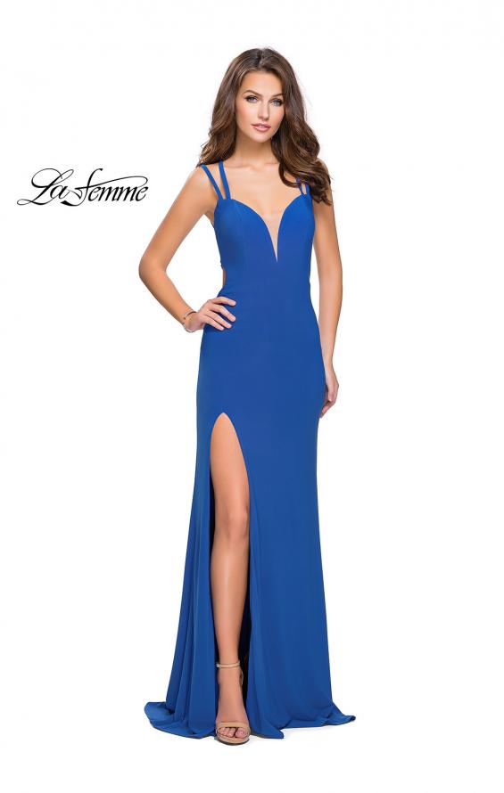 Picture of: Long Classic Prom Dress with Side Leg Slit and Deep V in Sapphire Blue, Style: 25648, Detail Picture 1