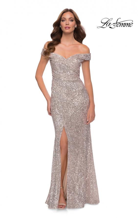 Picture of: Off the Shoulder Ruched Sequin Dress with Slit in Silver, Style 29831, Main Picture