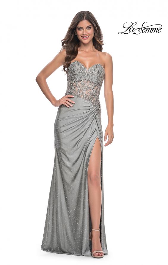 Picture of: Sheer Lace Applique Bodice Dress with Jersey Skirt in Silver, Style: 32301, Detail Picture 10