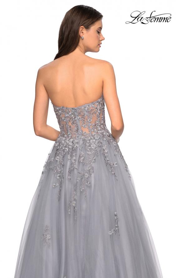 Picture of: Strapless Tulle Gown with Corset Bodice and Lace Detail in Silver, Style: 27592, Back Picture