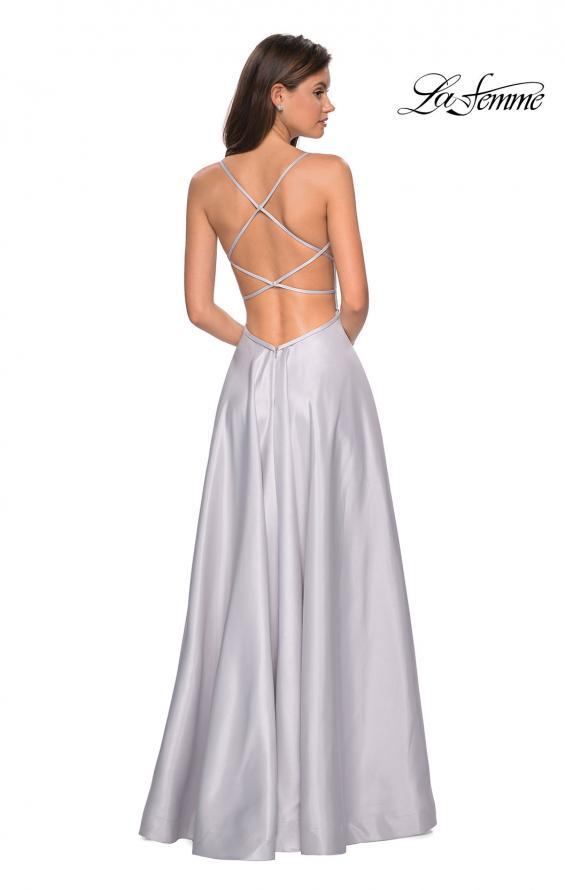 Picture of: Long Mikado Gown with Rhinestone Bodice and Slit in Silver, Style: 27634, Back Picture
