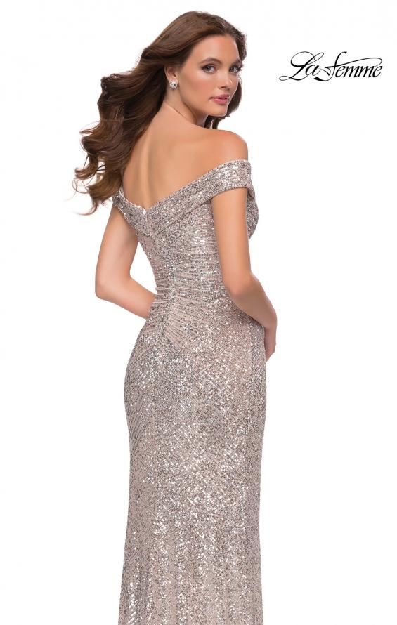Picture of: Off the Shoulder Ruched Sequin Dress with Slit in Silver, Style 29831, Back Picture