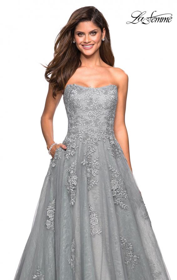 Picture of: Strapless Sweetheart Ball Gown with Lace Details in Silver, Style: 27493, Detail Picture 1