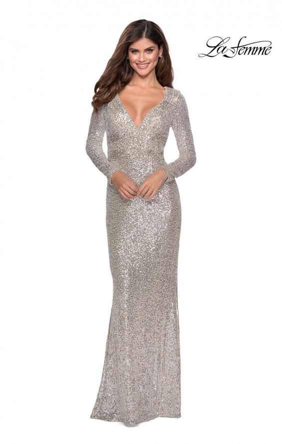 Picture of: Long Sleeve Sequin Gown with Open Back Detail in SIlver, Style: 28743, Detail Picture 1