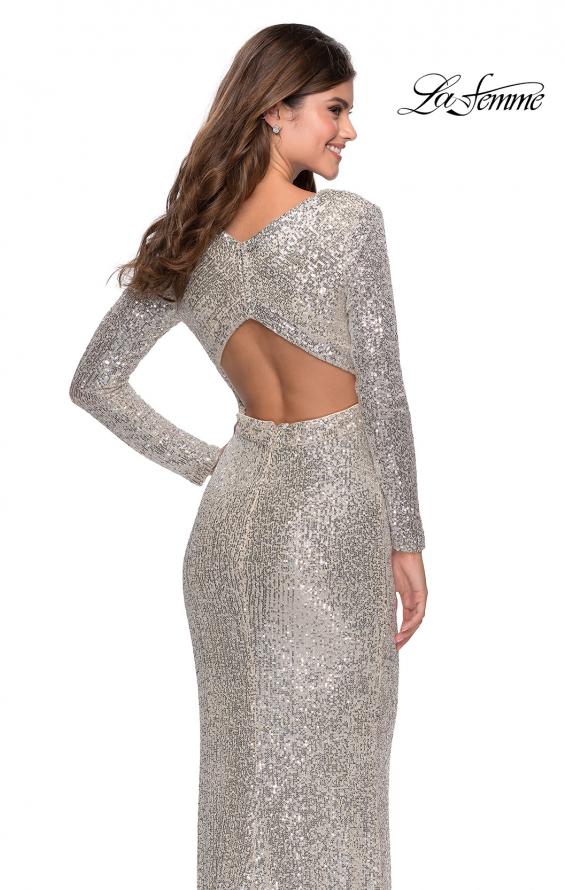 Picture of: Long Sleeve Sequin Gown with Open Back Detail in Silver, Style: 28743, Detail Picture 2