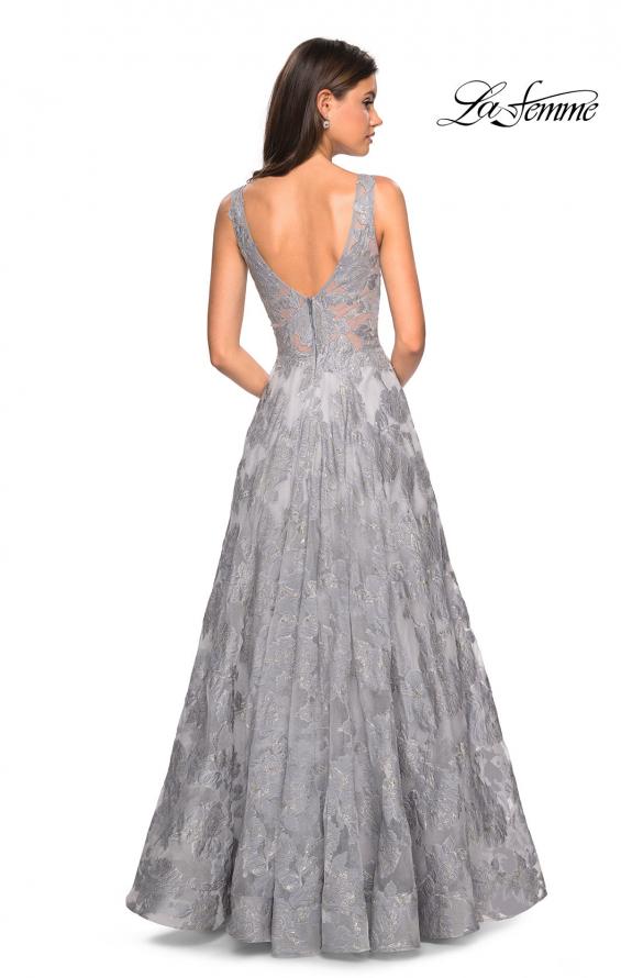 Picture of: Floral A Line Dress with Sheer Bodice and V Back in Silver, Style: 27505, Detail Picture 3
