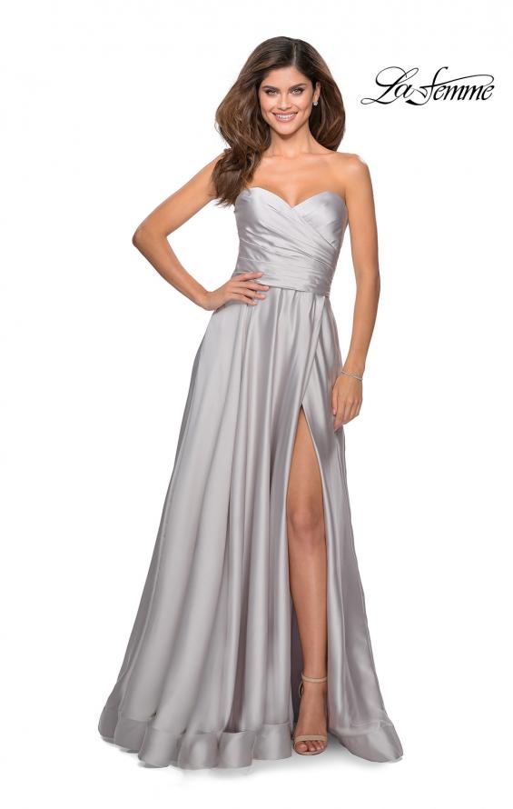 Picture of: Strapless Satin Gown with Pleated Bodice and Slit in Silver, Style: 28608, Detail Picture 5